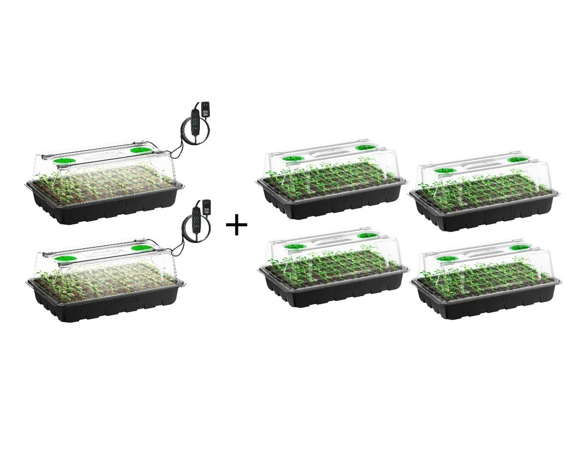 Two black VIVOSUN seed starter tray kits with clear lids and green planters, each shown with a small black-and-green electronic light controller, plus a plus sign and four additional identical starter trays filled with green sprouts on a white background.