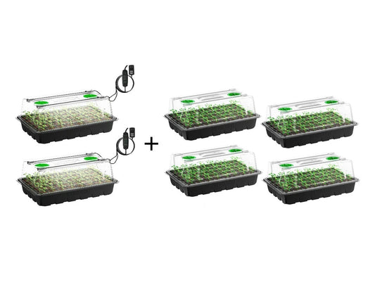 Two black VIVOSUN seed starter tray kits with clear lids and green planters, each shown with a small black-and-green electronic light controller, plus a plus sign and four additional identical starter trays filled with green sprouts on a white background.