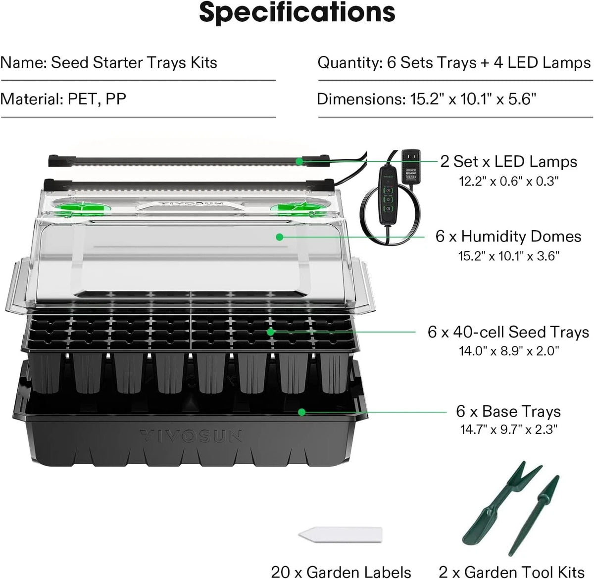 Seed starter trays kit with specifications on a white background