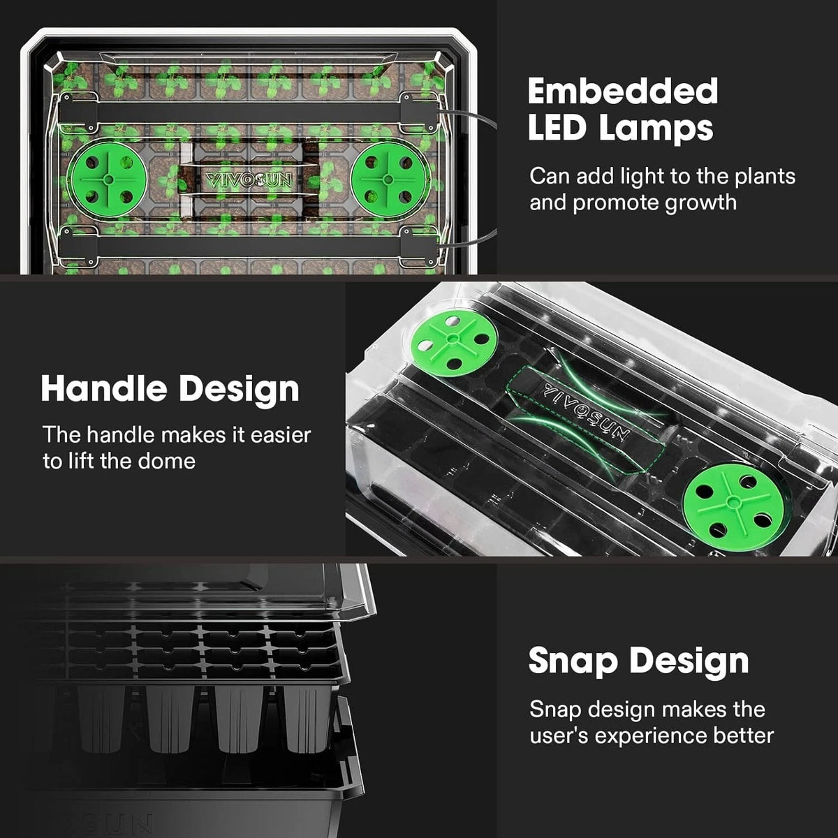 VIVOSUN humidity dome with embedded LED lamps, handle design, and snap design features on a black background.