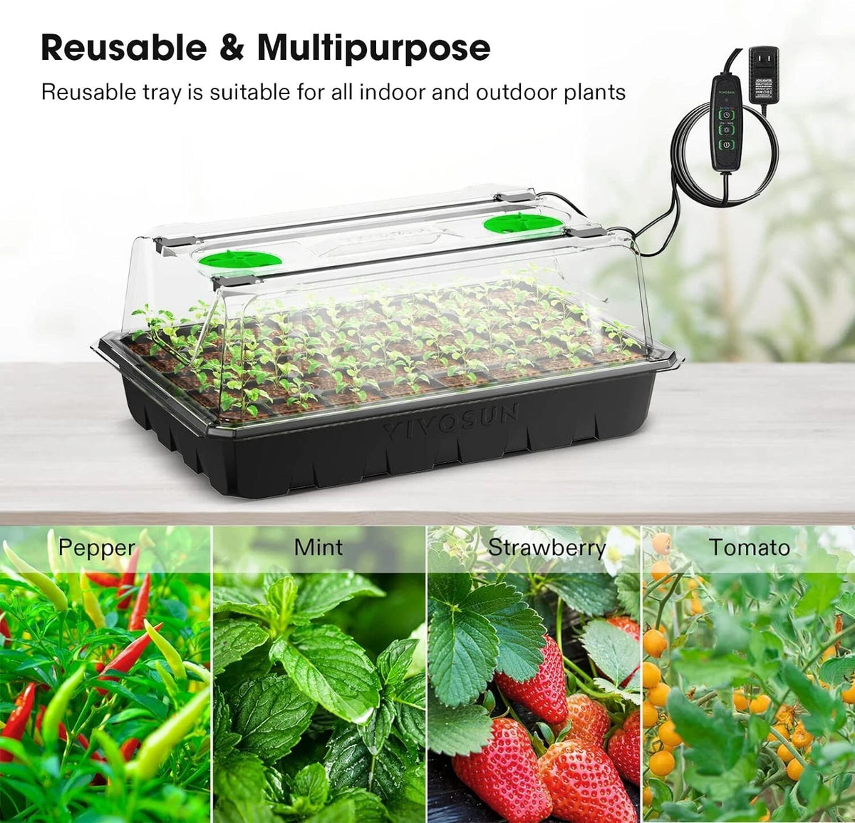 Reusable greenhouse tray in humidity dome with plants and power adapter, suitable for indoor and outdoor use.
