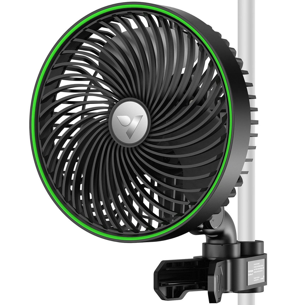 Black and green VIVOSUN grow room fan with a stand on a white background