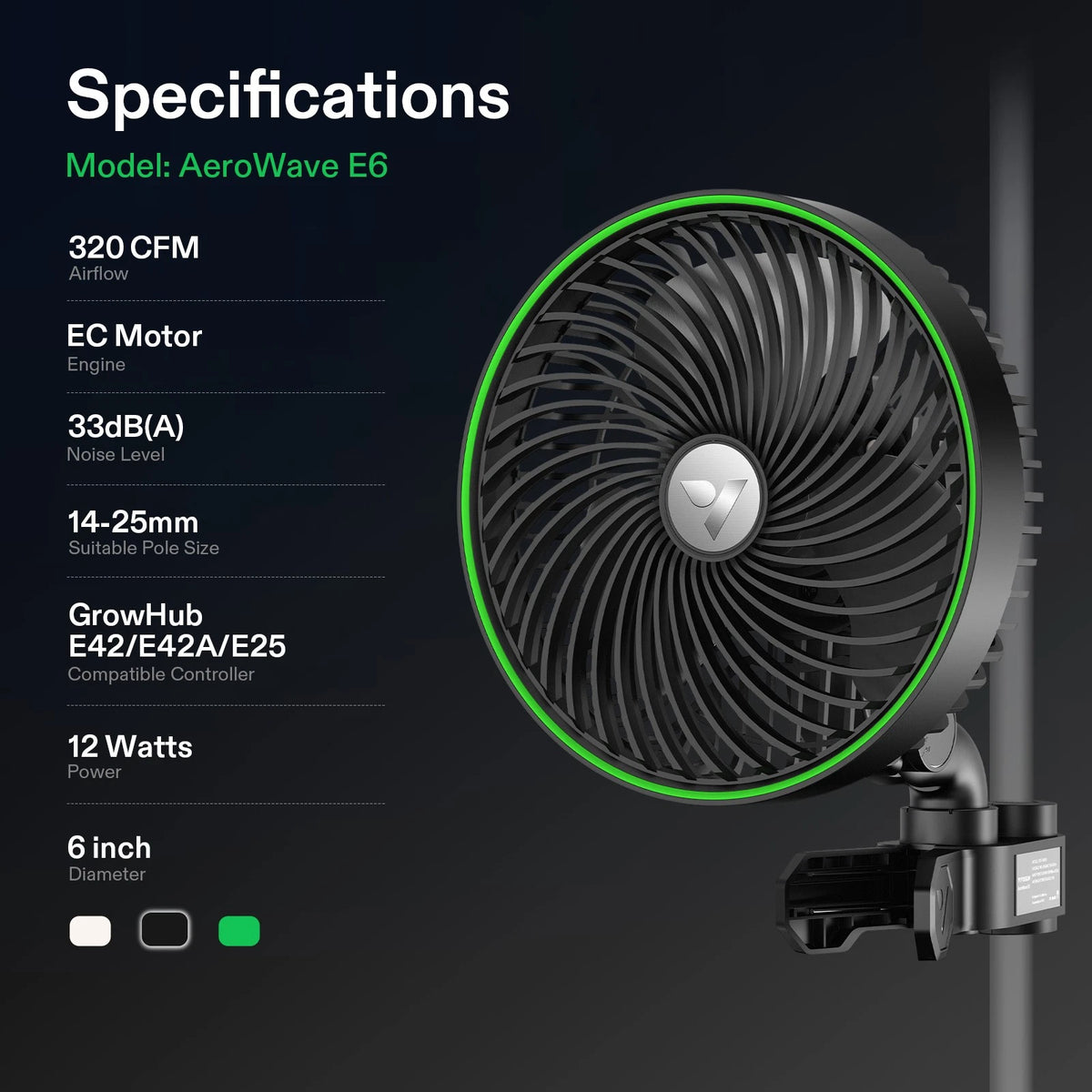 VIVOSUN Aerowave E6 grow tent fan with specifications on a dark background
