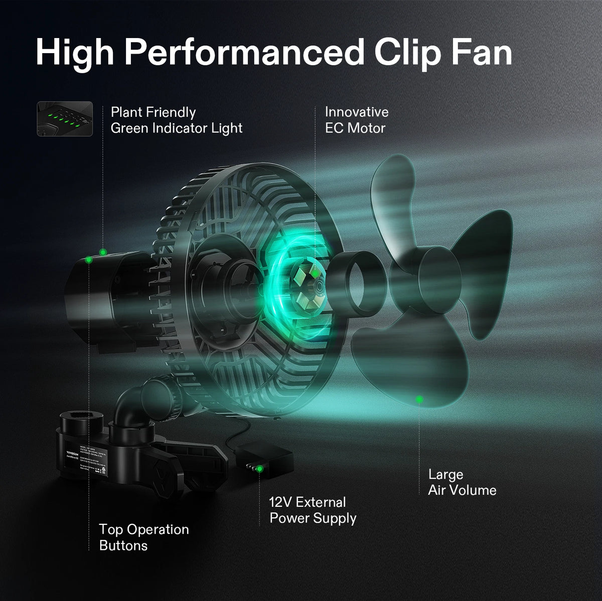 High-performance VIVOSUN clip fan with features highlighted on a dark background