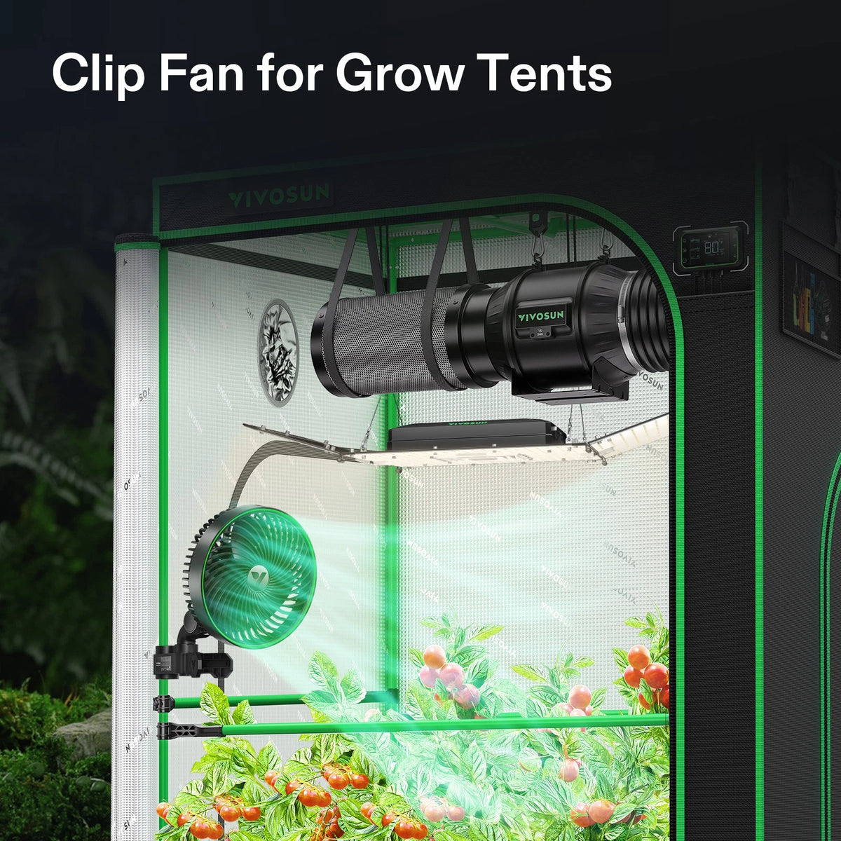 VIVOSUN Clip fan for grow tents with a grow tent setup inside, showing plants and lights.
