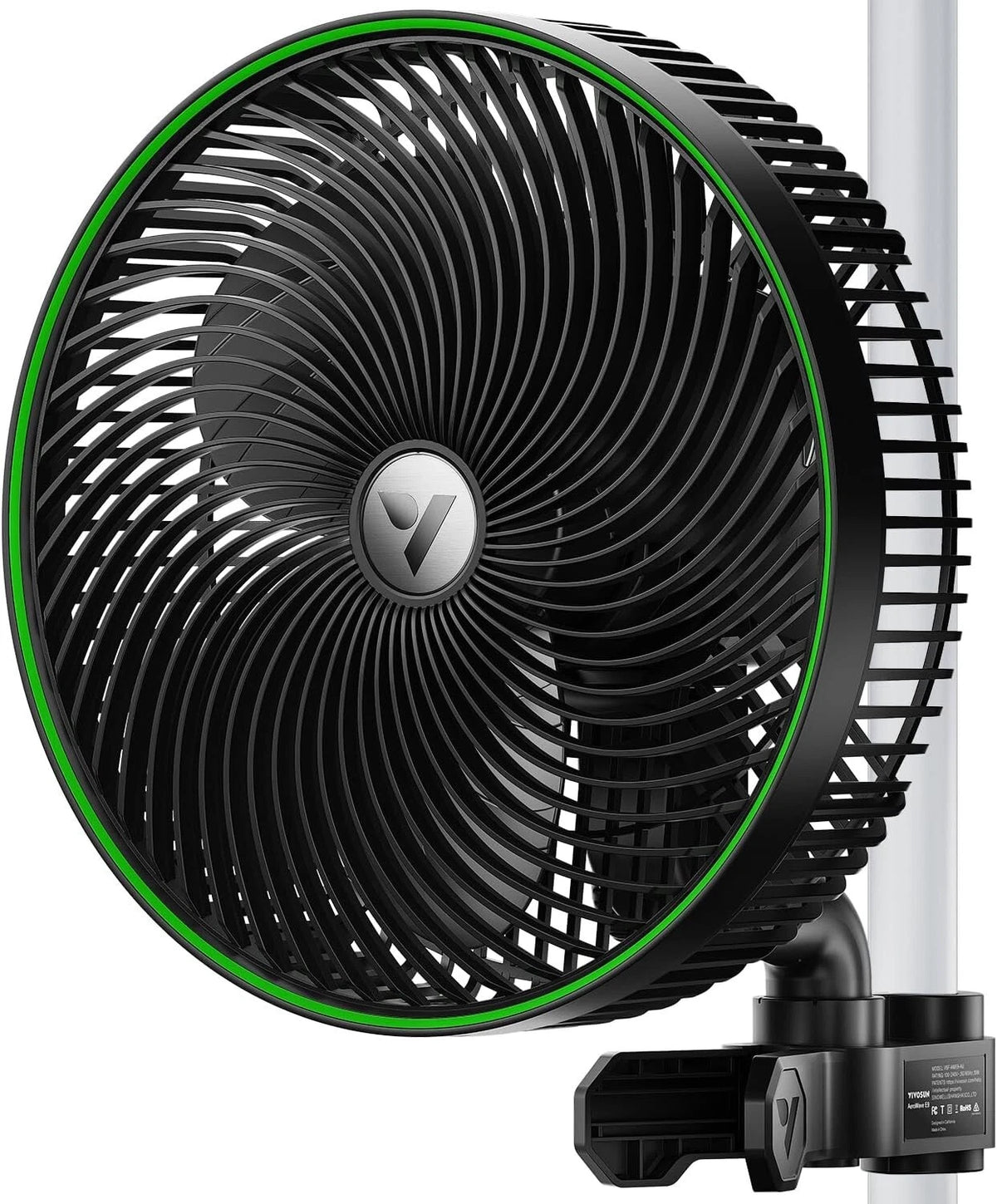 Black and green VIVOSUN grow room fan with a white background
