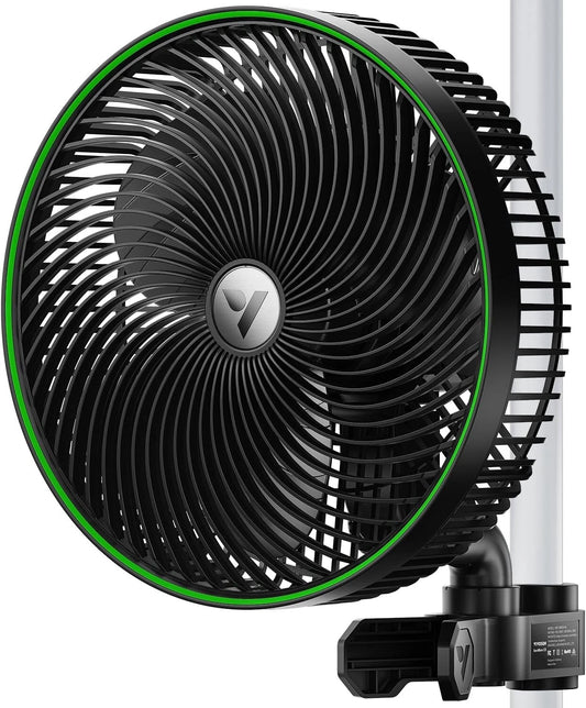 Black and green VIVOSUN grow room fan with a white background