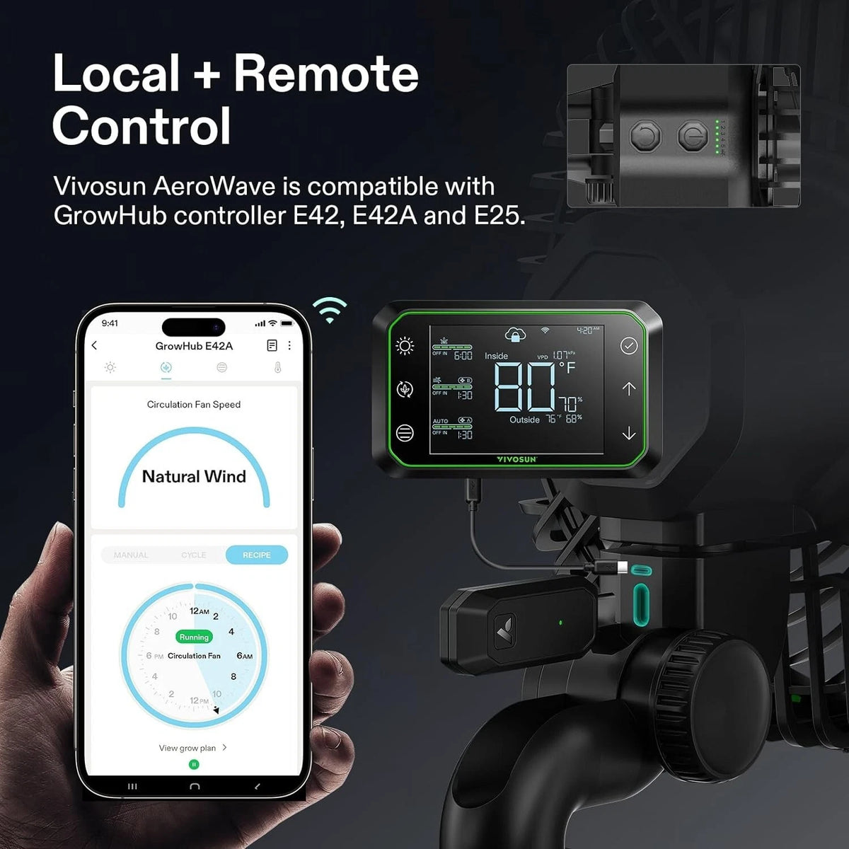 Vivosun AeroWave grow fan control system with smartphone app and GrowHub controller on a dark background