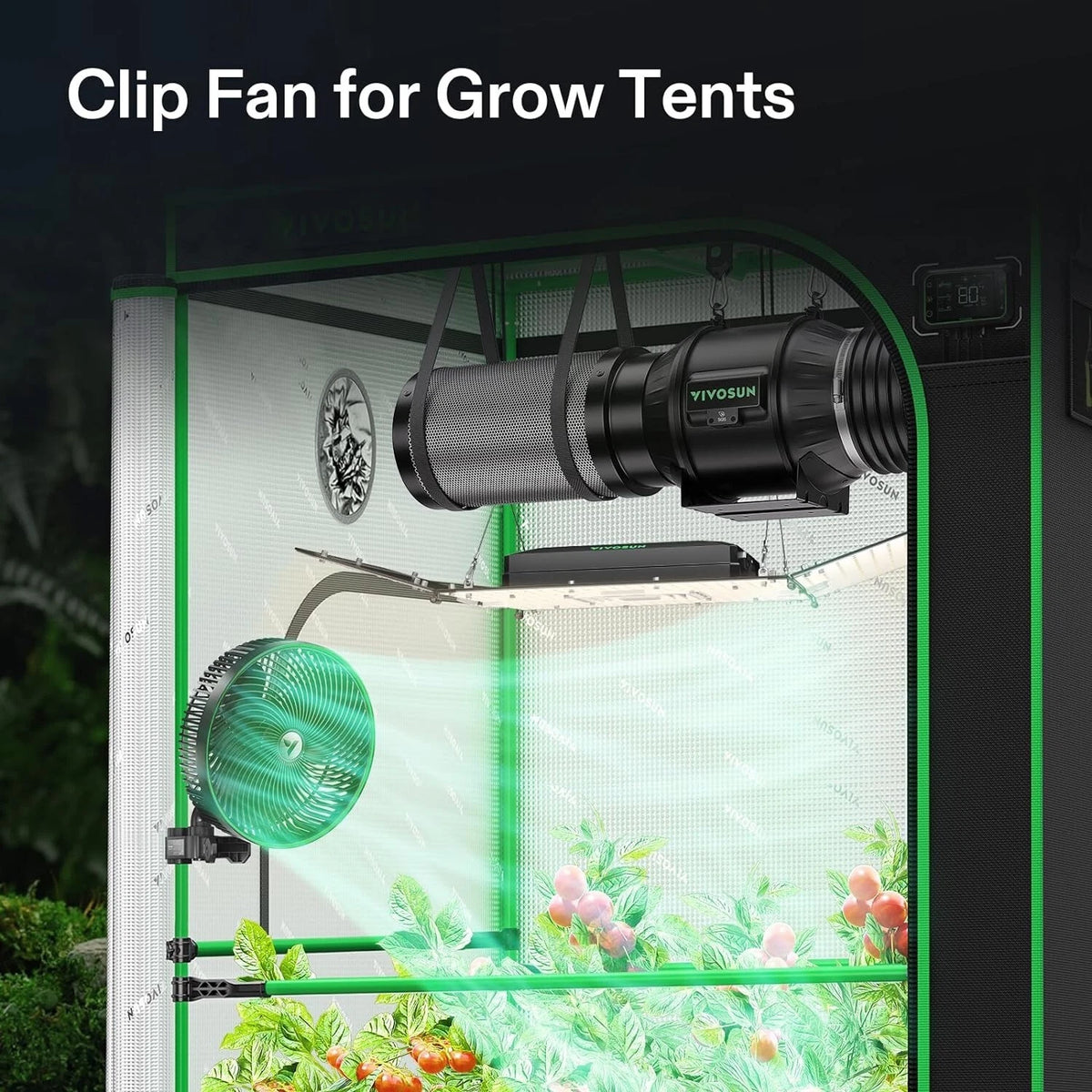 Clip fan for grow tents with a grow tent interior showing plants and lights.