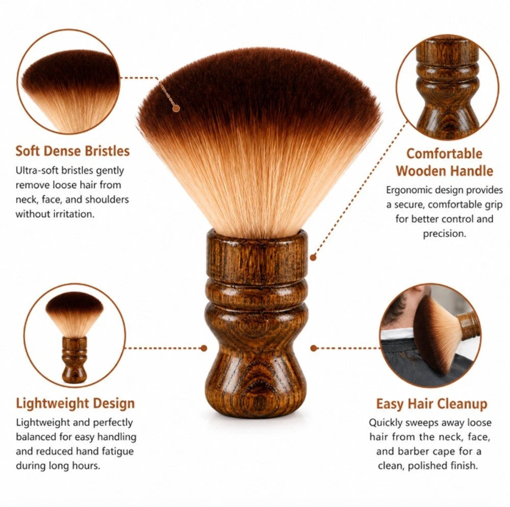 A wooden neck duster brush with soft dense brown bristles and a carved wooden handle, shown on a white background with callout circles and text describing features like soft bristles, comfortable wooden handle, lightweight design, and easy hair cleanup.