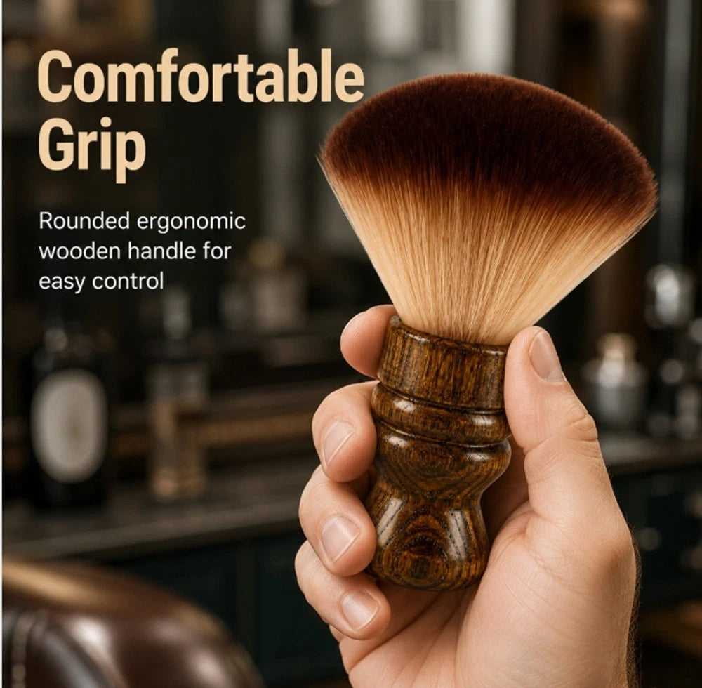 A hand holding a shaving brush with a rounded wooden handle and a large brown-and-cream bristle head, set against a blurred barbershop background with text reading 'Comfortable Grip'.