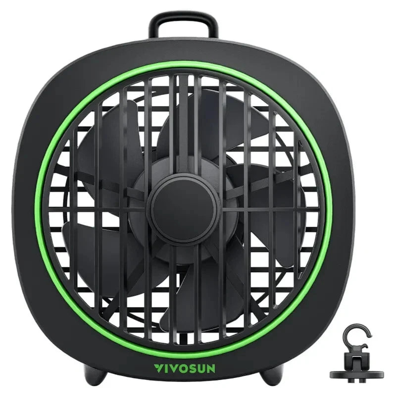 Black portable fan with green trim and 'VIVOSUN' branding on a white background