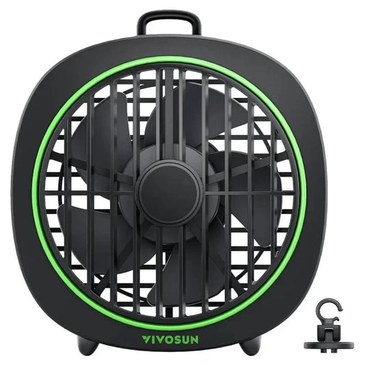 Black portable fan with green trim and 'VIVOSUN' branding on a white background