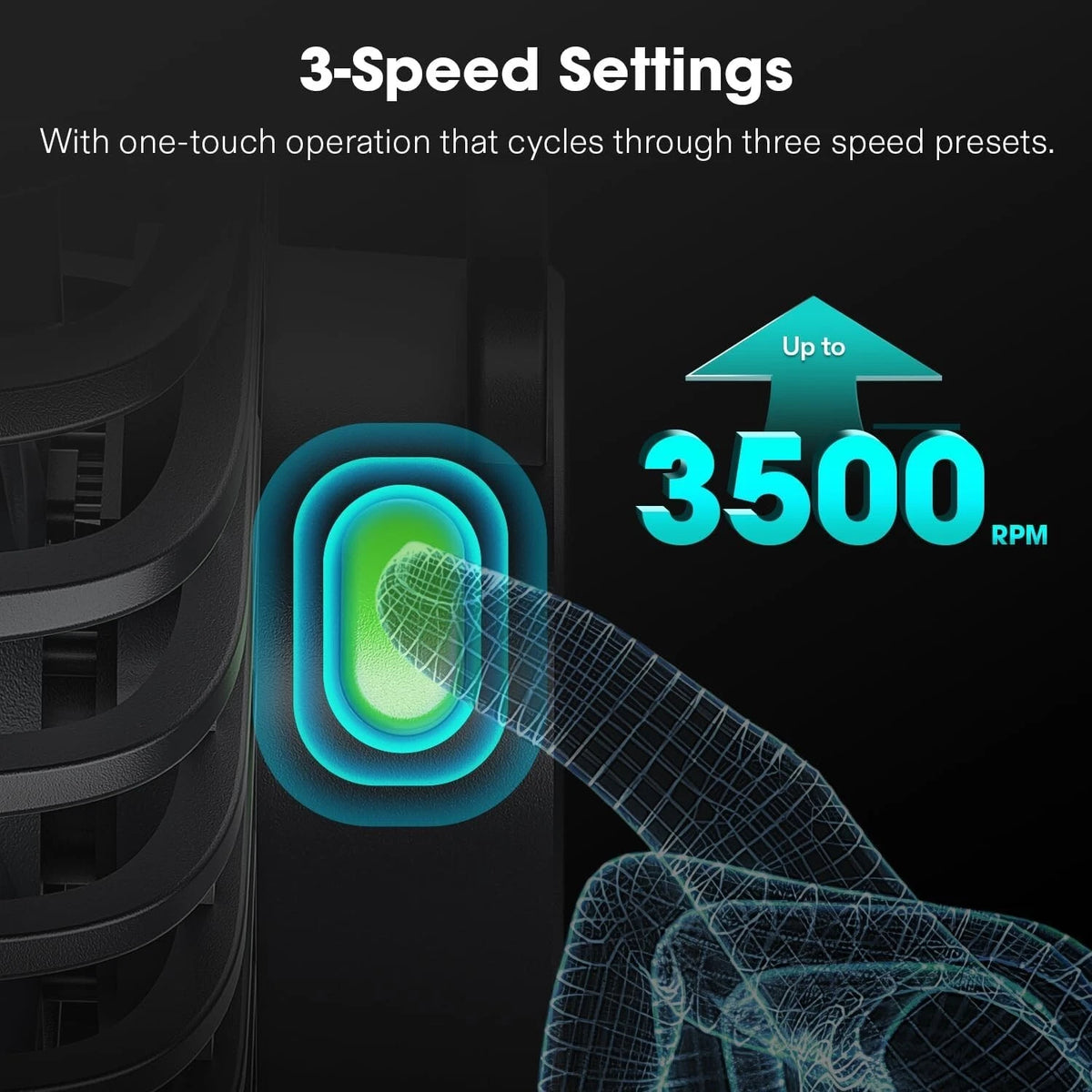 3-speed settings with one-touch operation on grow fan with 3500 RPM capability on a black background.