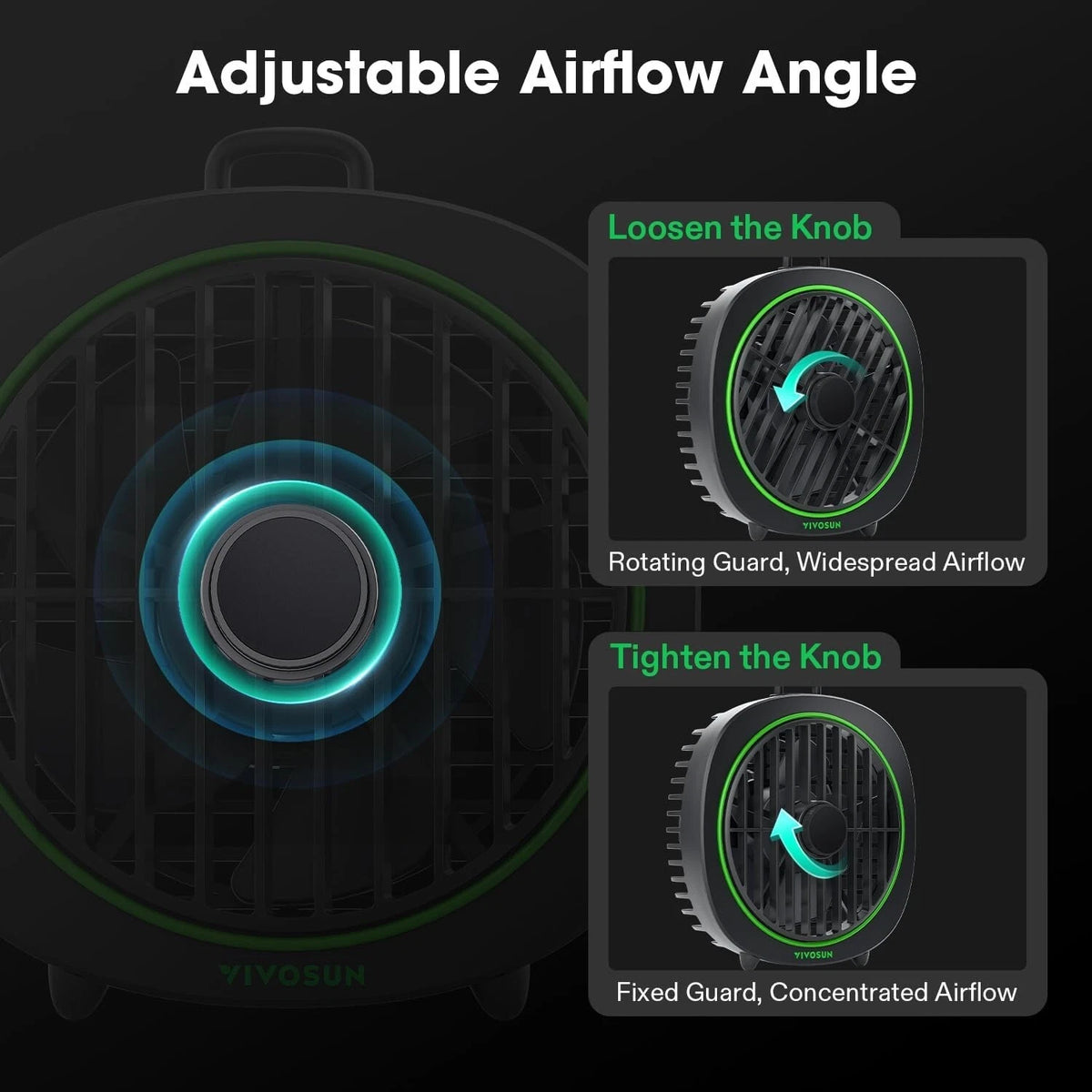 Adjustable airflow angle feature of a VIVOSUN grow tent fan with instructions on knob loosening and tightening.