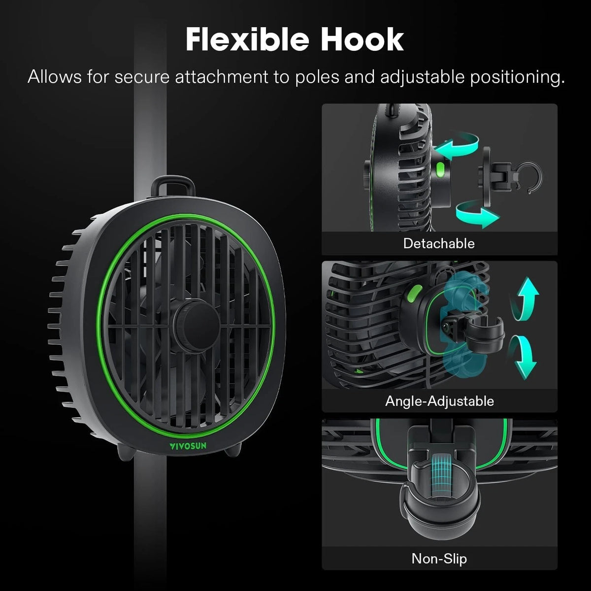 Flexible hook on grow room fan with attachments on a black background