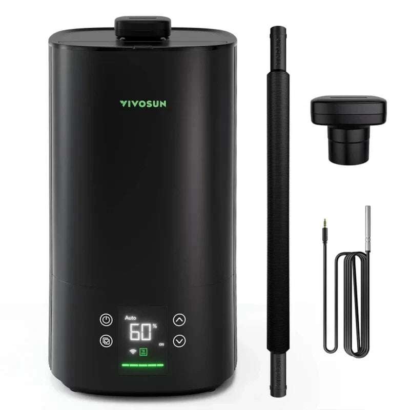 Black VIVOSUN Intelligent Wi-Fi Humidifier with a digital display, shown alongside a tall thermometer probe, a cap, and a power cable on a white background.