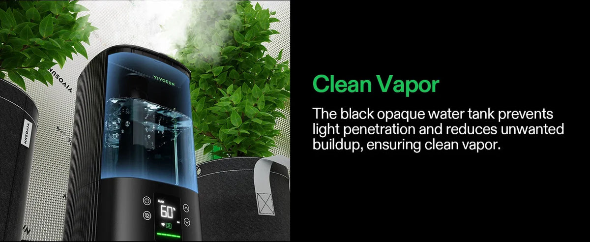 A black VIVOSUN Intelligent Wi-Fi Humidifier device with a transparent blue-tinted water tank and digital control panel, shown beside text reading 'Clean Vapor' on a black background with green plant imagery.