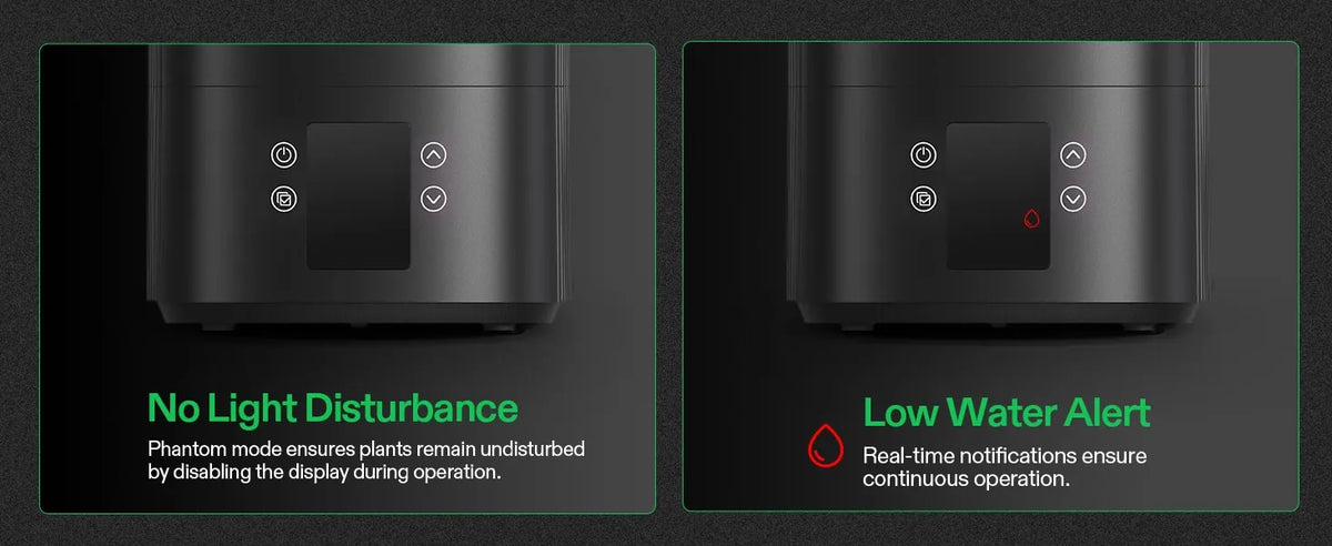 A promotional graphic showing two close-up views of a black Intelligent Wi-Fi Humidifier on a dark background, each with text callouts: the left says 'No Light Disturbance' and the right says 'Low Water Alert.' This is not a clean standalone product photo and functions as explanatory marketing content, so Instruction Diagram is the best fit among the available categories.
