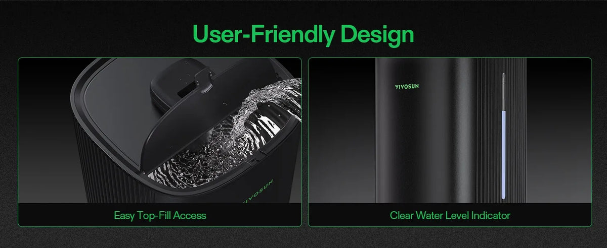 Promotional graphic for a black Intelligent Wi-Fi Humidifier, showing two inset close-ups under the heading 'User-Friendly Design.' The left inset highlights easy top-fill access with water visible at the opening, and the right inset shows a clear water level indicator on the side of the device.