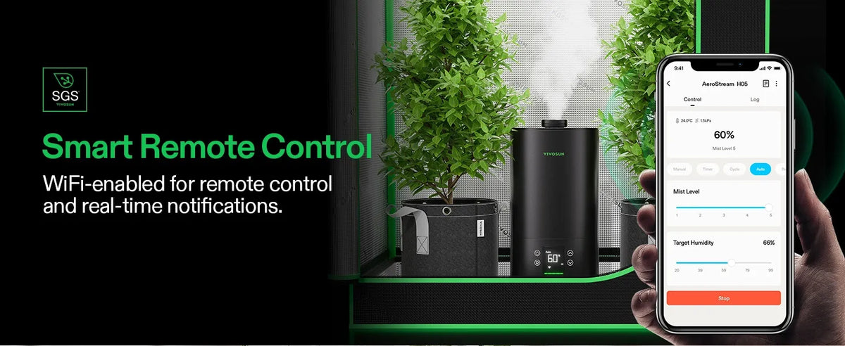 A smart remote control app mockup shown on a hand-held smartphone screen next to a black cylindrical Intelligent Wi-Fi Humidifier, with green plants and a dark interior background. Text on the left reads 'Smart Remote Control' and 'WiFi-enabled for remote control and real-time notifications.