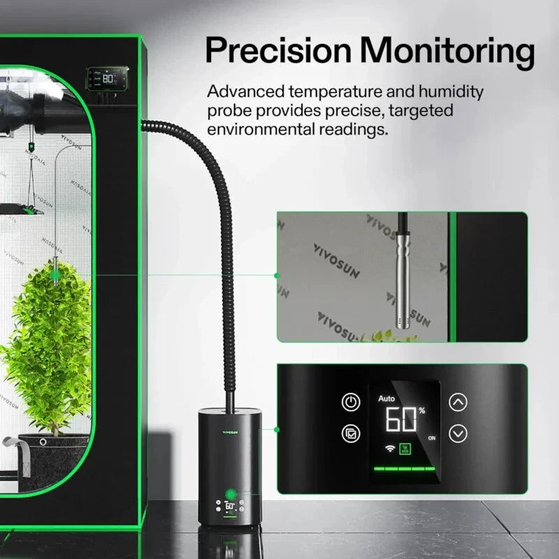 Digital indoor plant VIVOSUN Intelligent Wi-Fi Humidifier with precision monitoring display, featuring a black grower cabinet with a green plant inside, a flexible black temperature and humidity probe, and a digital control screen showing 60 degrees.