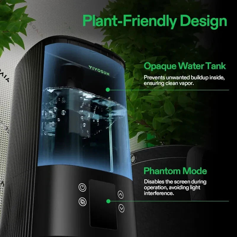 A VIVOSUN Intelligent Wi-Fi Humidifier with a black ribbed body and a transparent blue-tinted water tank, shown with marketing text overlays explaining its plant-friendly design, opaque water tank, and phantom mode.