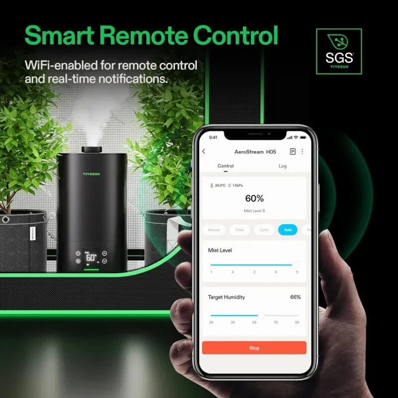 A hand holds a smartphone showing a smart remote control app interface for a black humidifier, with a Intelligent Wi-Fi Humidifier humidifier and plants displayed in the background. Text reads 'Smart Remote Control' and 'WIFI-enabled for remote control and real-time notifications.