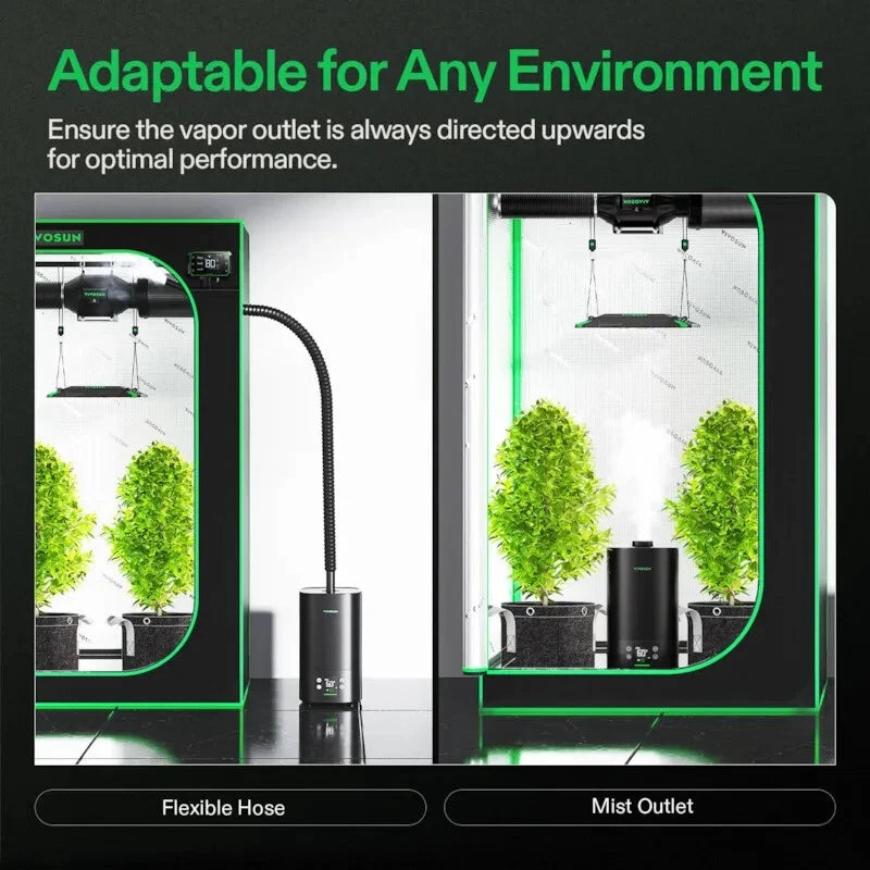 A promotional graphic showing two greenhouse/planter enclosure setups with bright green plants. The image appears to explain exhaust options for a Intelligent Wi-Fi Humidifier and enclosure.