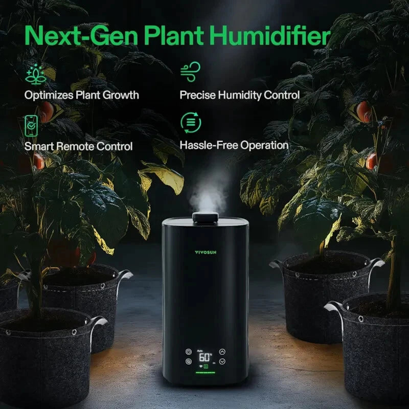 A black cylindrical Intelligent Wi-Fi plant humidifier with a digital display and misting function, shown in a dark greenhouse-like setting with potted plants. Green text at the top reads 'Next-Gen Plant Humidifier' with feature callouts including 'Optimizes Plant Growth,' 'Precise Humidity Control,' 'Smart Remote Control,' and 'Hassle-Free Operation.