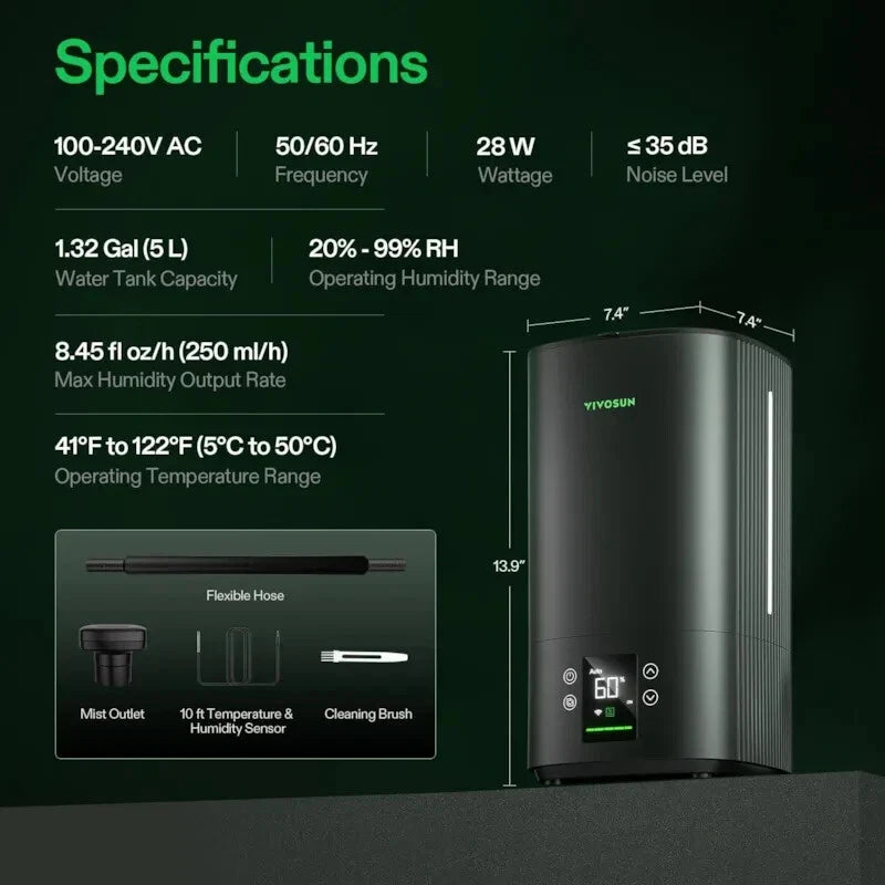 Specifications graphic for a VIVOSUN humidifier, showing product dimensions, power, water tank capacity, operating temperature, and included accessories on a dark green background.