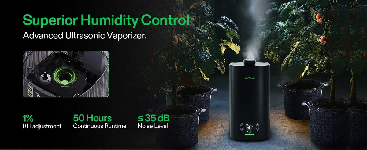 A black Intelligent Wi-Fi Humidifier shown in a dark indoor scene with potted plants and visible mist coming from the top. Text on the left highlights superior humidity control, advanced ultrasonic vaporizer technology, 1% RH adjustment, 50 hours continuous runtime, and ≤ 35 dB noise level.