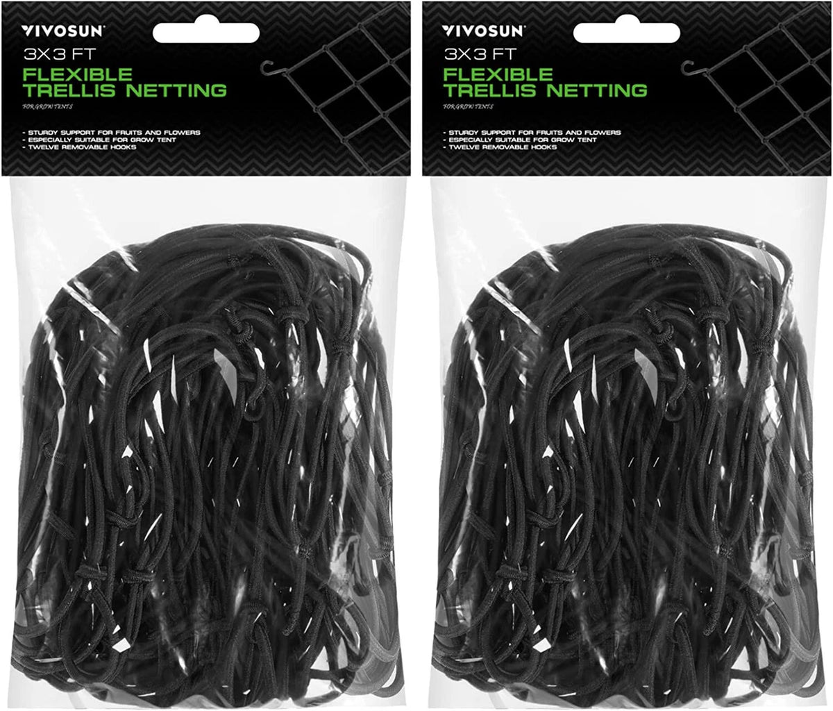 Two packages of VIVOSUN 3x3 ft flexible trellis netting, shown side-by-side against a white background. Each package contains black netting inside a clear plastic bag with a black header card.