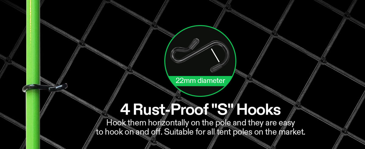 A plant support pole and trellis netting with a bright green pole on the left and a circular inset showing a 22mm diameter rust-proof S-hook. Text below reads '4 Rust-Proof "S" Hooks' with descriptive usage text on a black background.