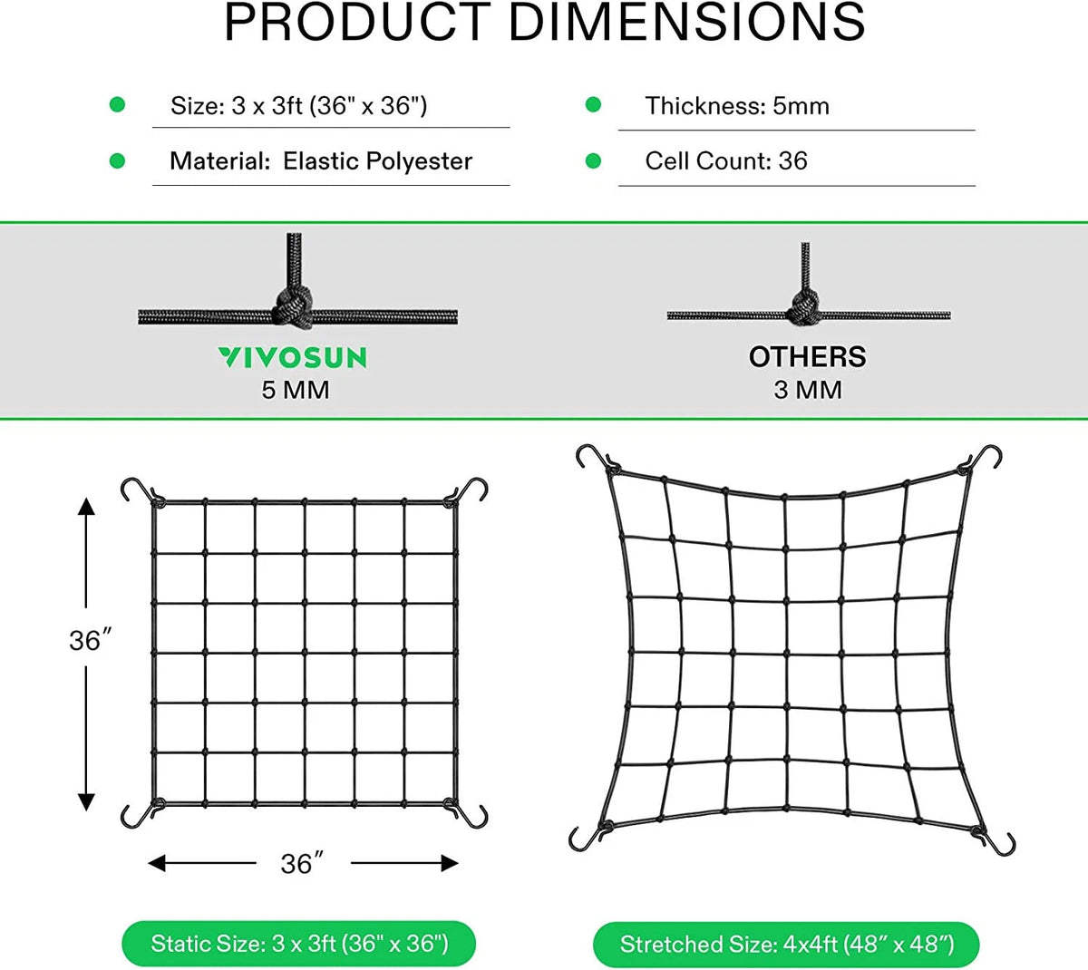 Product dimensions chart for a VIVOSUN elastic plant trellis net, showing a 3x3ft static size and a 4x4ft stretched size comparison with black line drawings and text on a white and light gray background.