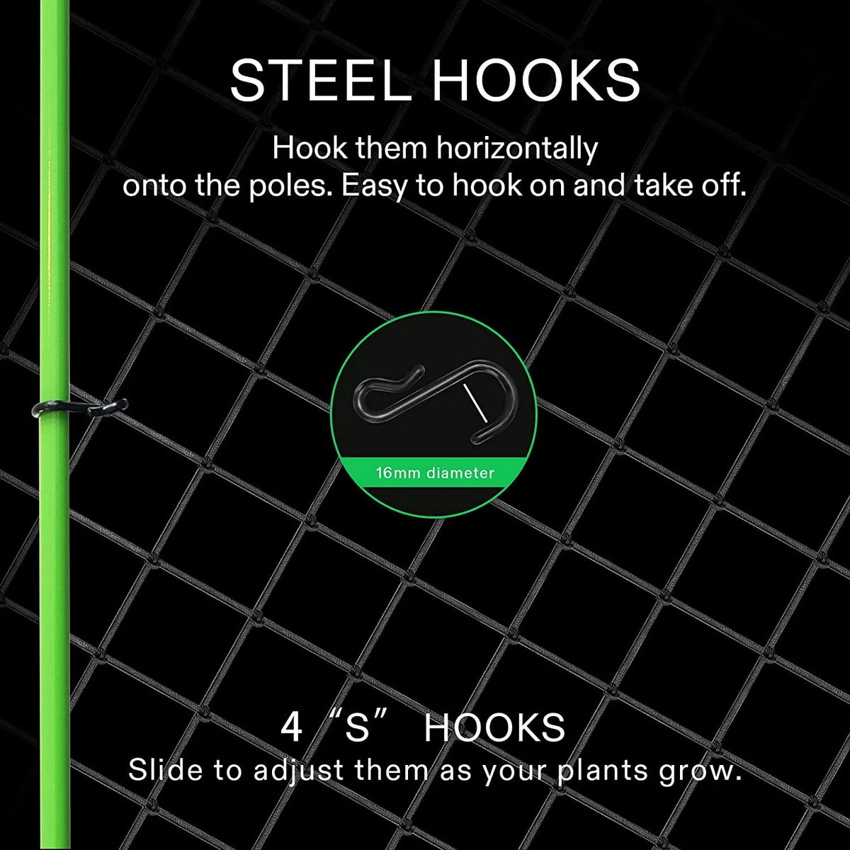Black metal garden stake hooks on VIVOSUN trellis net with instructional text on a black grid background, showing a green stake with a hook and a 16mm diameter hook illustration.