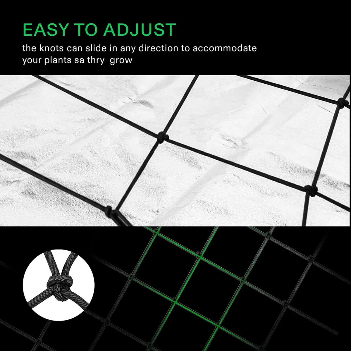 Black adjustable plant support netting with green cord accents, shown with text explaining that the knots can slide to accommodate plant growth, plus a close-up inset of the knot detail.