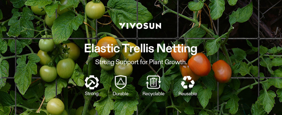 Promotional graphic for VIVOSUN Elastic Trellis Netting, showing tomato plants growing on a wire trellis with green and red tomatoes, leafy vines, and product feature icons overlaid on a dark background.