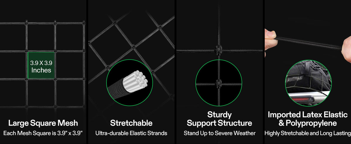 Four-panel product feature graphic for a black VIVOSUN plant trellis net. The panels show the mesh size as 3.