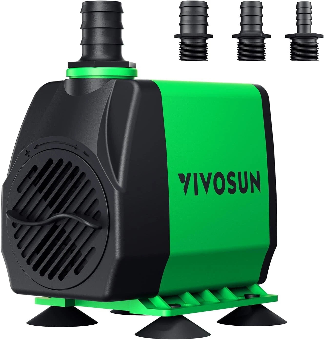 A small VIVOSUN submersible aquarium pump in black and bright green, shown with four black adapter fittings on a plain white background.