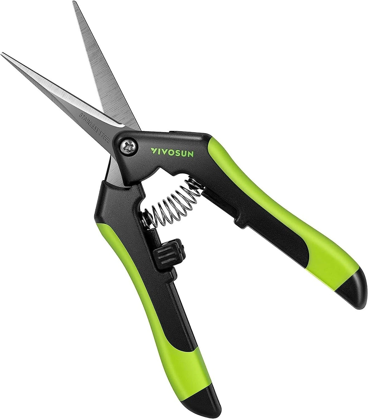 VIVOSUN pruning shears with bright green and black handles, stainless steel blades, and a silver spring, shown on a solid white background.