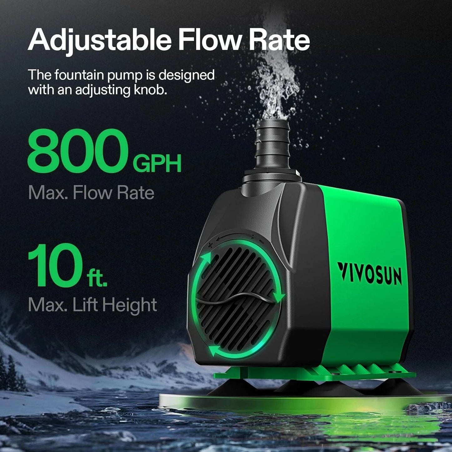 Green and black submersible water pump with adjustable flow rate features on a dark background