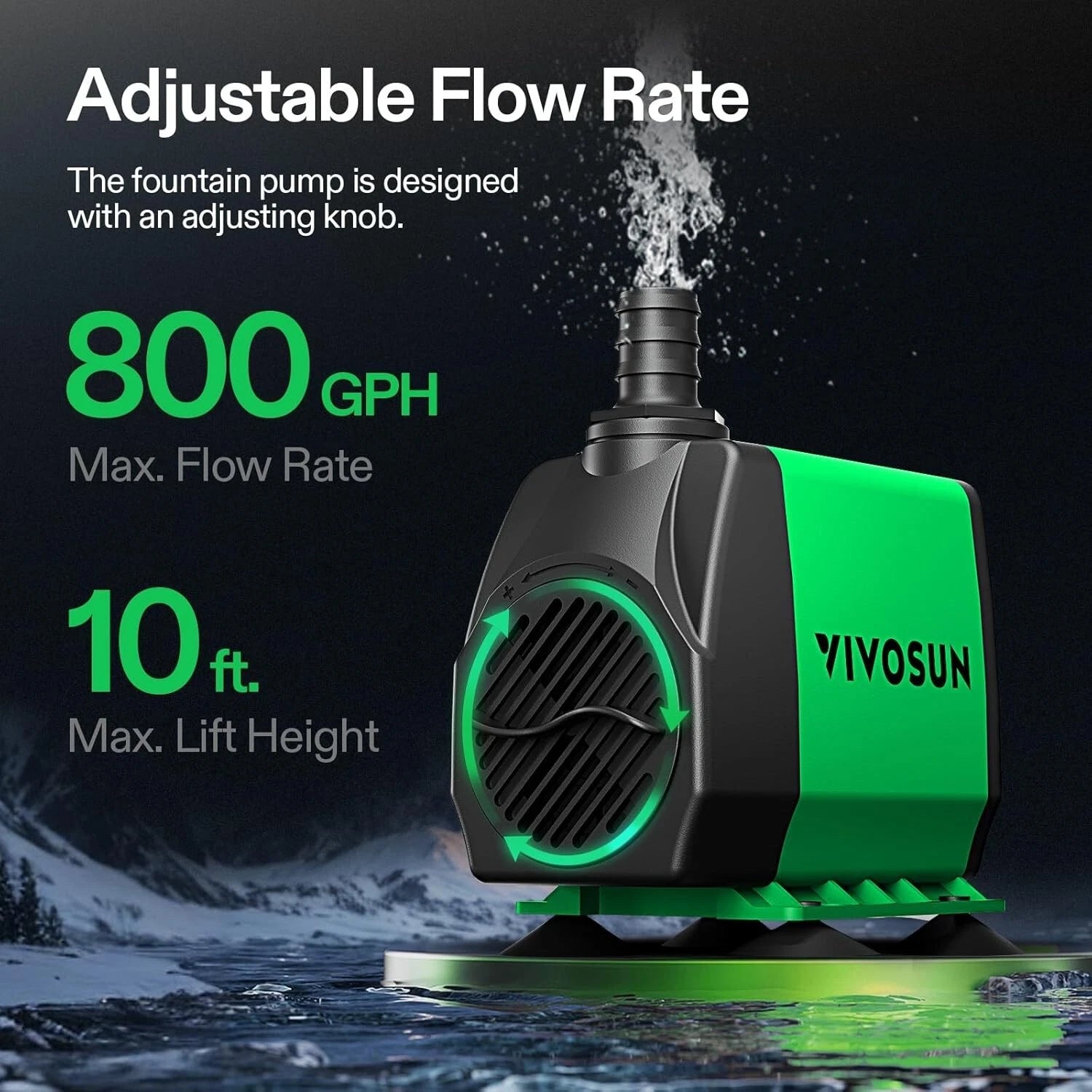 Green and black submersible water pump with adjustable flow rate features on a dark background