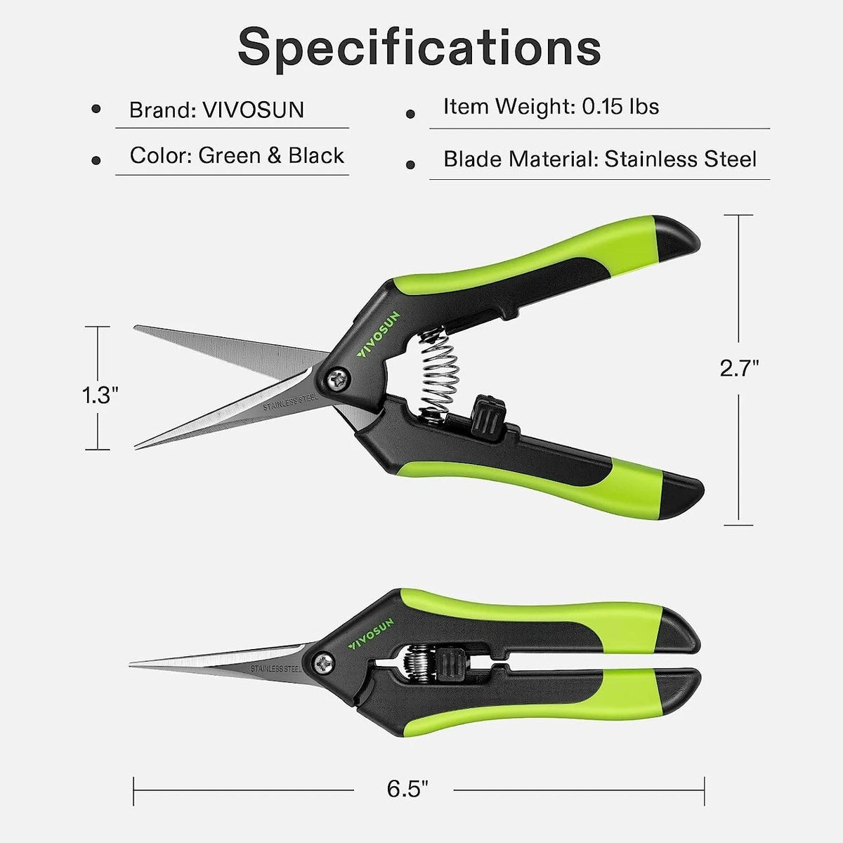 Specifications and dimensions graphic for VIVOSUN folding utility shears, showing two views of the green and black-handled scissors with text listing brand, color, item weight, and blade material, plus measurement lines for 1.3 inches, 2.