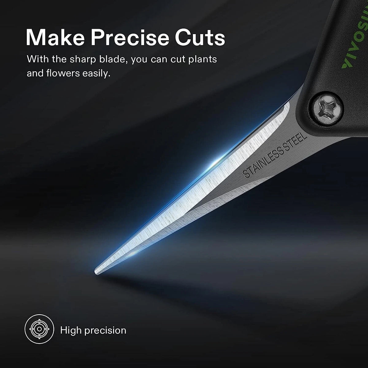 Close-up of a pair of stainless steel pruning shears with a glowing blue highlight along the blade, shown against a dark background with marketing text reading 'Make Precise Cuts' and 'High precision.'.