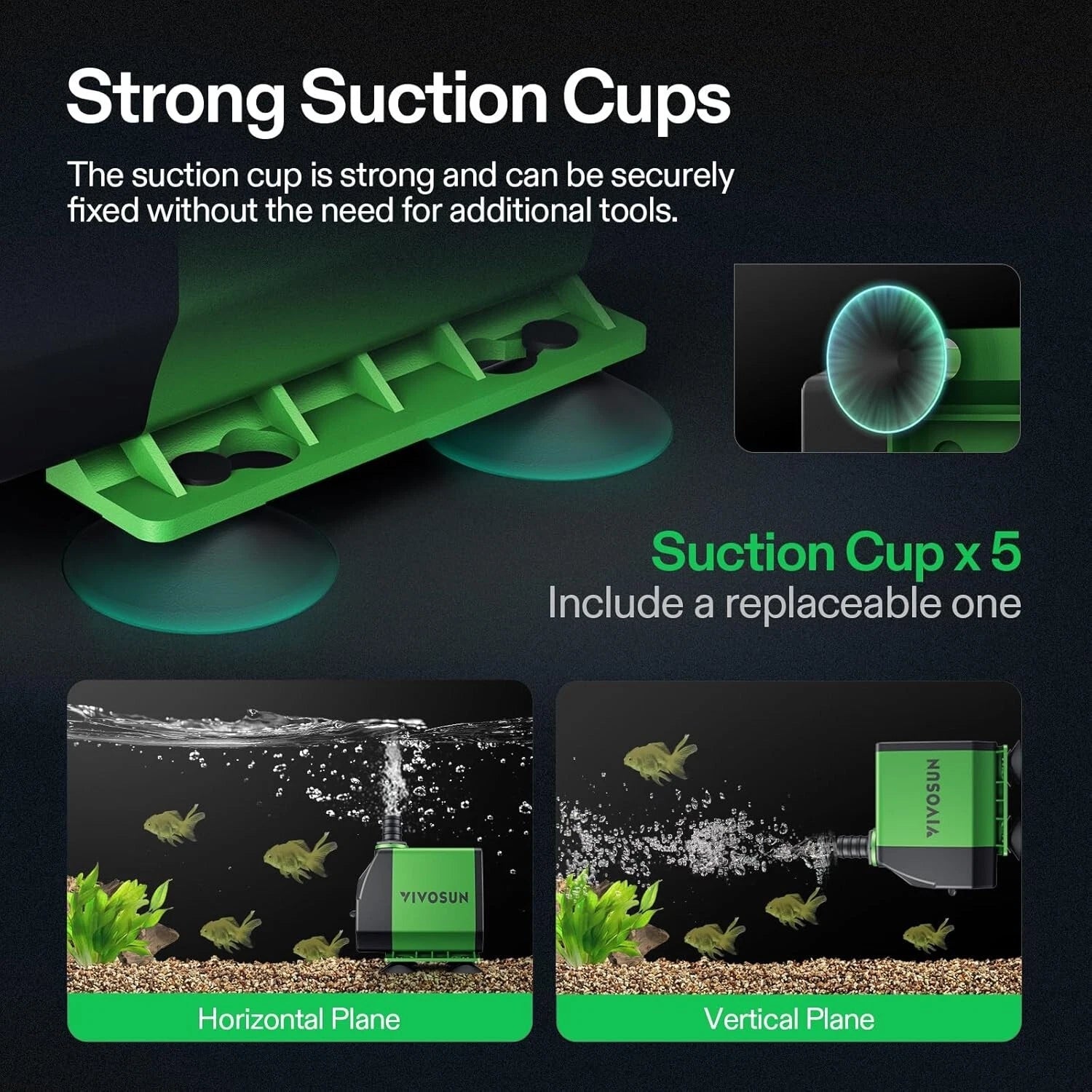 Green suction cup device on VIVOSUN submersible water pump with text on a black background.