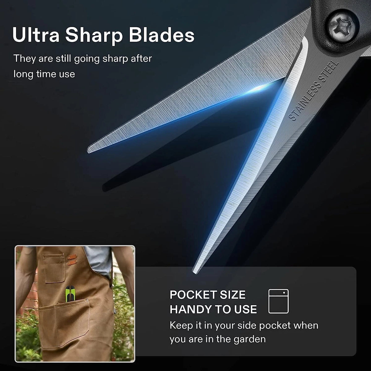Stainless steel garden shears with ultra-sharp blades, shown on a dark background with promotional text. A small inset shows the shears being used in a garden pocket.
