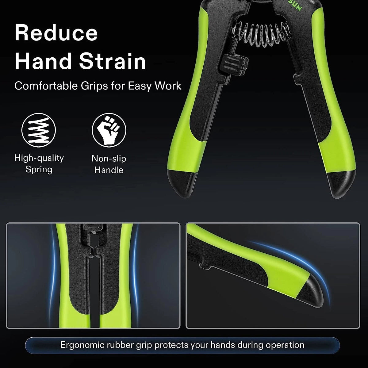 A pair of VIVOSUN gardening hand pruner tool with bright lime green and black ergonomic handles, shown on a dark background with marketing text and detail inset images highlighting the spring and rubber grip.
