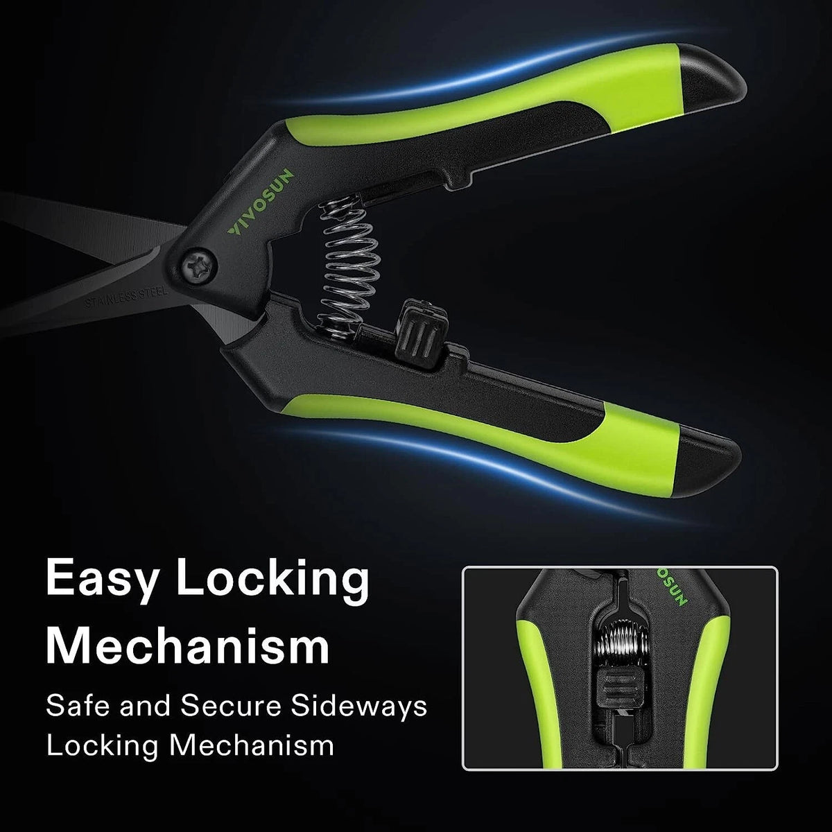A pair of VIVOSUN pruning shears with black and bright lime green handles, shown on a dark background with marketing text reading 'Easy Locking Mechanism' and a small inset detail of the locking mechanism.