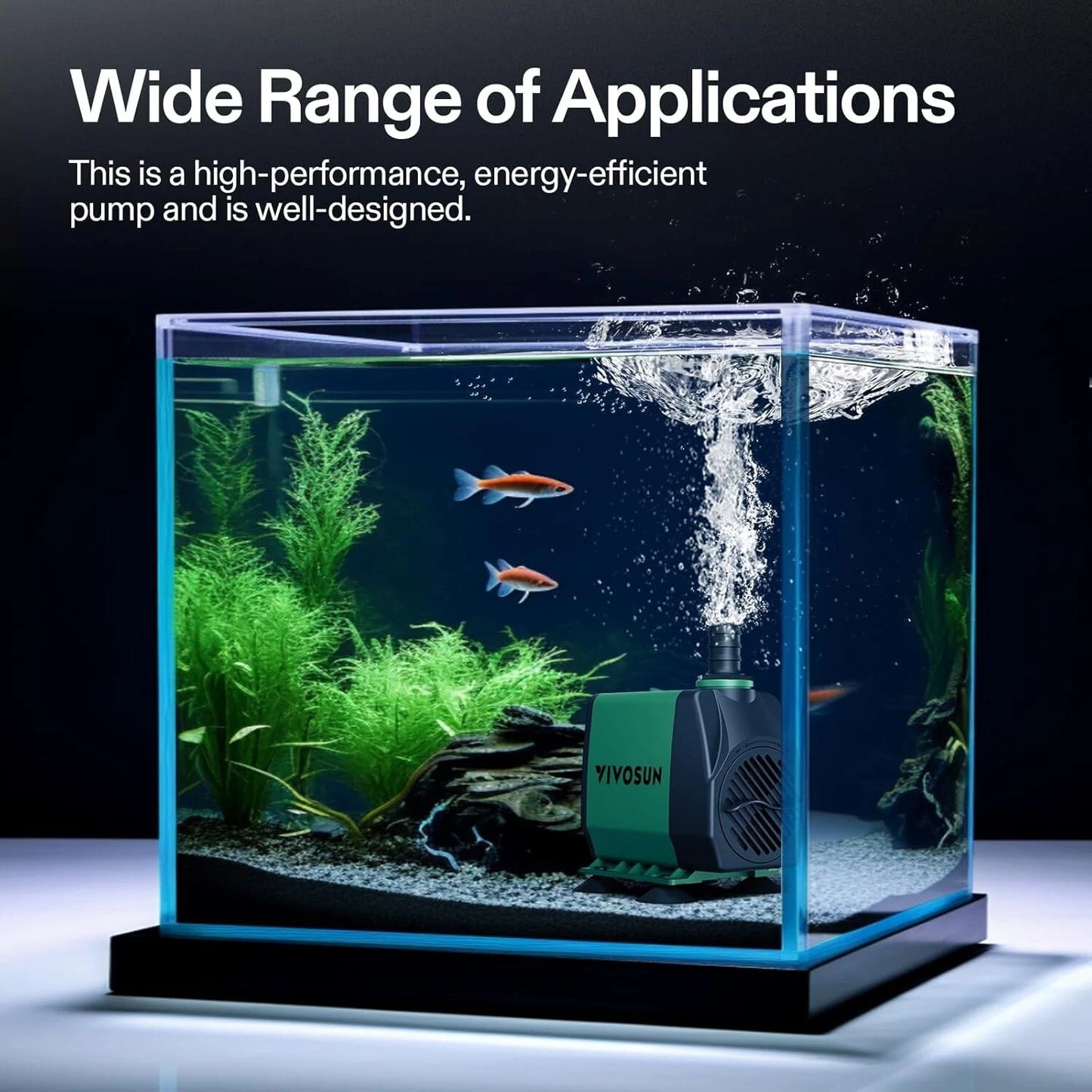 Fish tank with a submersible water pump labeled 'VIVOSUN' on a dark background